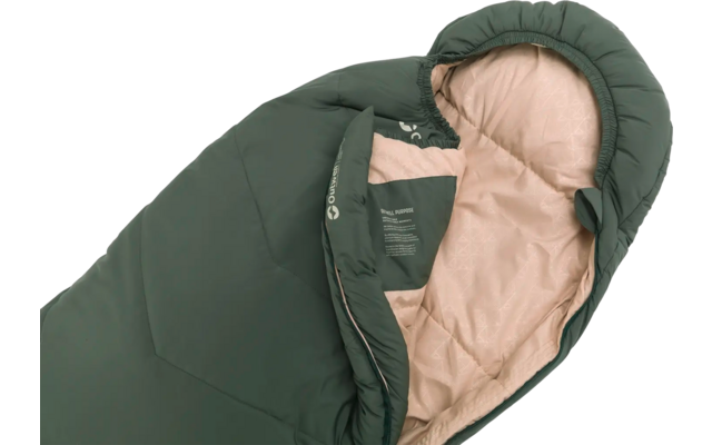 Open donkergroene slaapzak met beige voering en capuchon