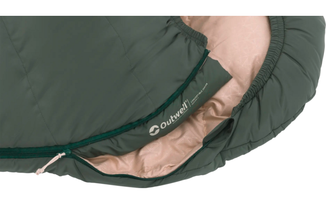 Close-up van een geopend groene slaapzak met beige binnenvoering en ritssluiting