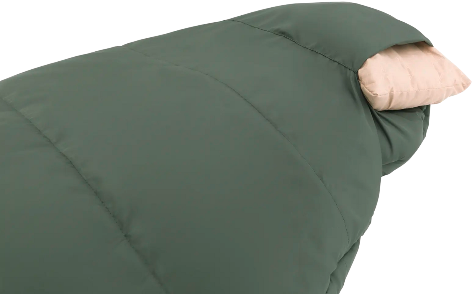 Groene slaapzak met ingebouwd kussen en deel van een lichtkleurig hoofd