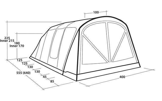 Zwart-witte lijntekening van een gebogen tent met twee voorste raamvakken en maatlijnen