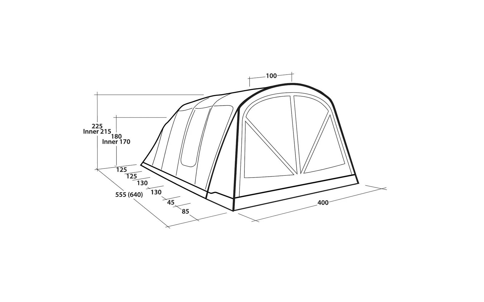 Zwart-witte lijntekening van een gebogen tent met twee voorste raamvakken en maatlijnen