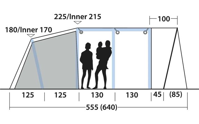 Technische tekening met lijnen en maatnummers; meerdere verbonden segmenten; twee zwarte menselijke silhouetten, één houdt een kind vast