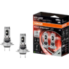 Zwei silberne LED-Lampen mit Metallfuß neben einer schwarz-roten OSRAM-Verpackung mit der Aufschrift 'H7-LED' und 'Night Breaker LED Speed' auf weißem Hintergrund