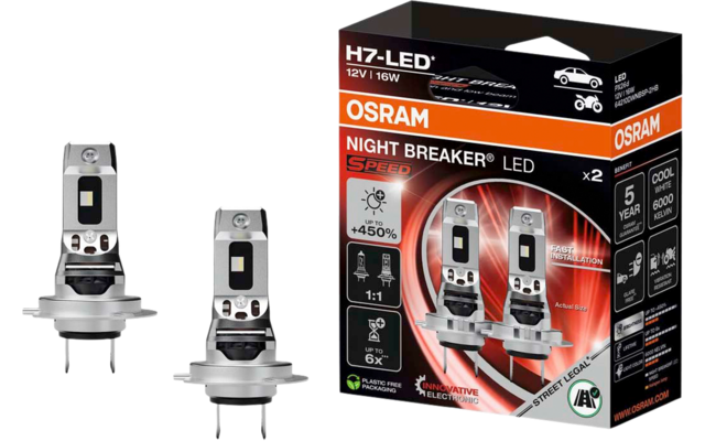 Zwei silberne LED-Lampen mit Metallfuß neben einer schwarz-roten OSRAM-Verpackung mit der Aufschrift 'H7-LED' und 'Night Breaker LED Speed' auf weißem Hintergrund