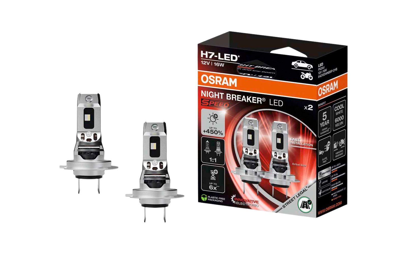 Zwei silberne LED-Lampen mit Metallfuß neben einer schwarz-roten OSRAM-Verpackung mit der Aufschrift 'H7-LED' und 'Night Breaker LED Speed' auf weißem Hintergrund