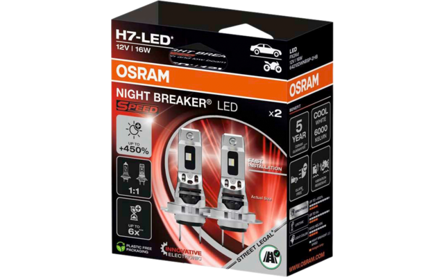 Produktverpackung mit OSRAM-Logo, Aufschrift 'H7-LED', '12V | 16W' und 'NIGHT BREAKER® LED', zwei abgebildete LED-Scheinwerferlampen, schwarze und rote Verpackung