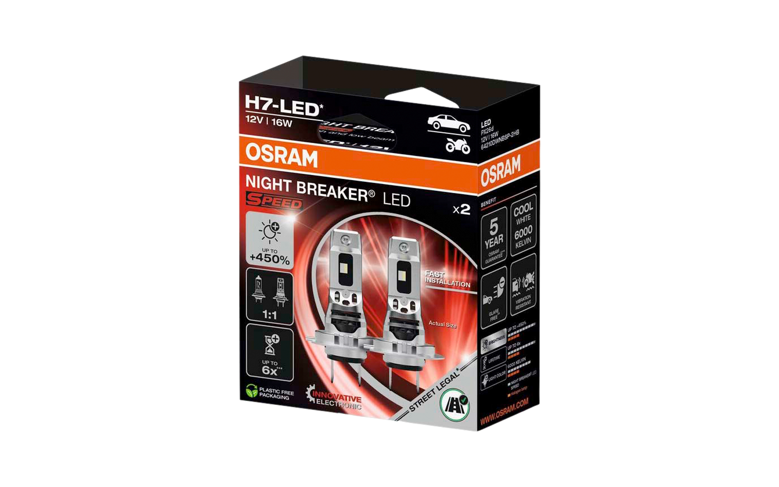 Produktverpackung mit OSRAM-Logo, Aufschrift 'H7-LED', '12V | 16W' und 'NIGHT BREAKER® LED', zwei abgebildete LED-Scheinwerferlampen, schwarze und rote Verpackung