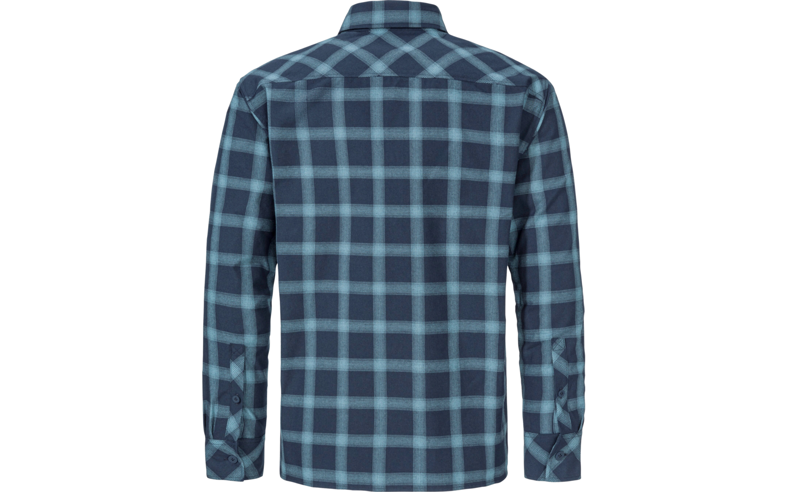 Blauw geruit overhemd met lange mouwen en knopen, achterkant