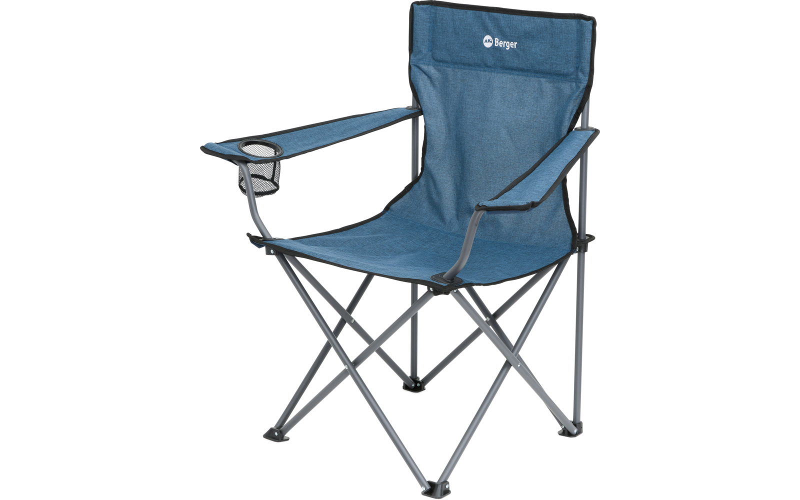 Blauer Klappstuhl mit Armlehnen und Getränkehalter