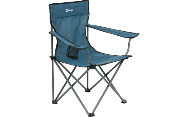 Blauer Klappstuhl aus Stoff mit Armlehnen und Metallgestell