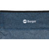 Dunkelblaue Stofffläche mit horizontalen Nähten, schwarzem Rand oben und weißem Logo "Berger"