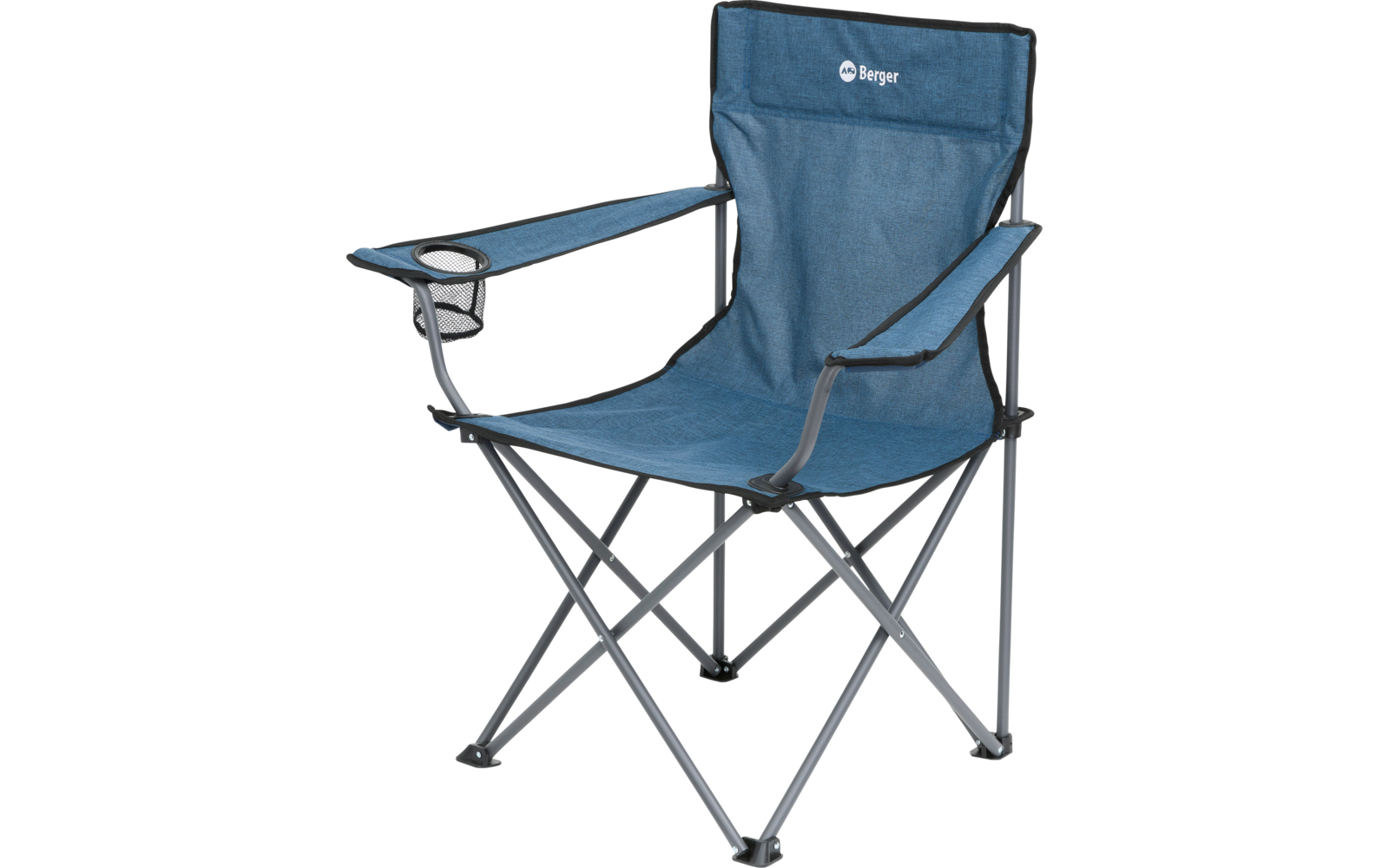 Chaise pliante bleue avec accoudoirs et porte-gobelet