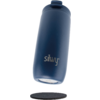 Bouteille de boisson bleu foncé avec bouchon et logo argenté "silwy", légèrement inclinée au‑dessus d'un dessous de verre rond noir sur fond blanc