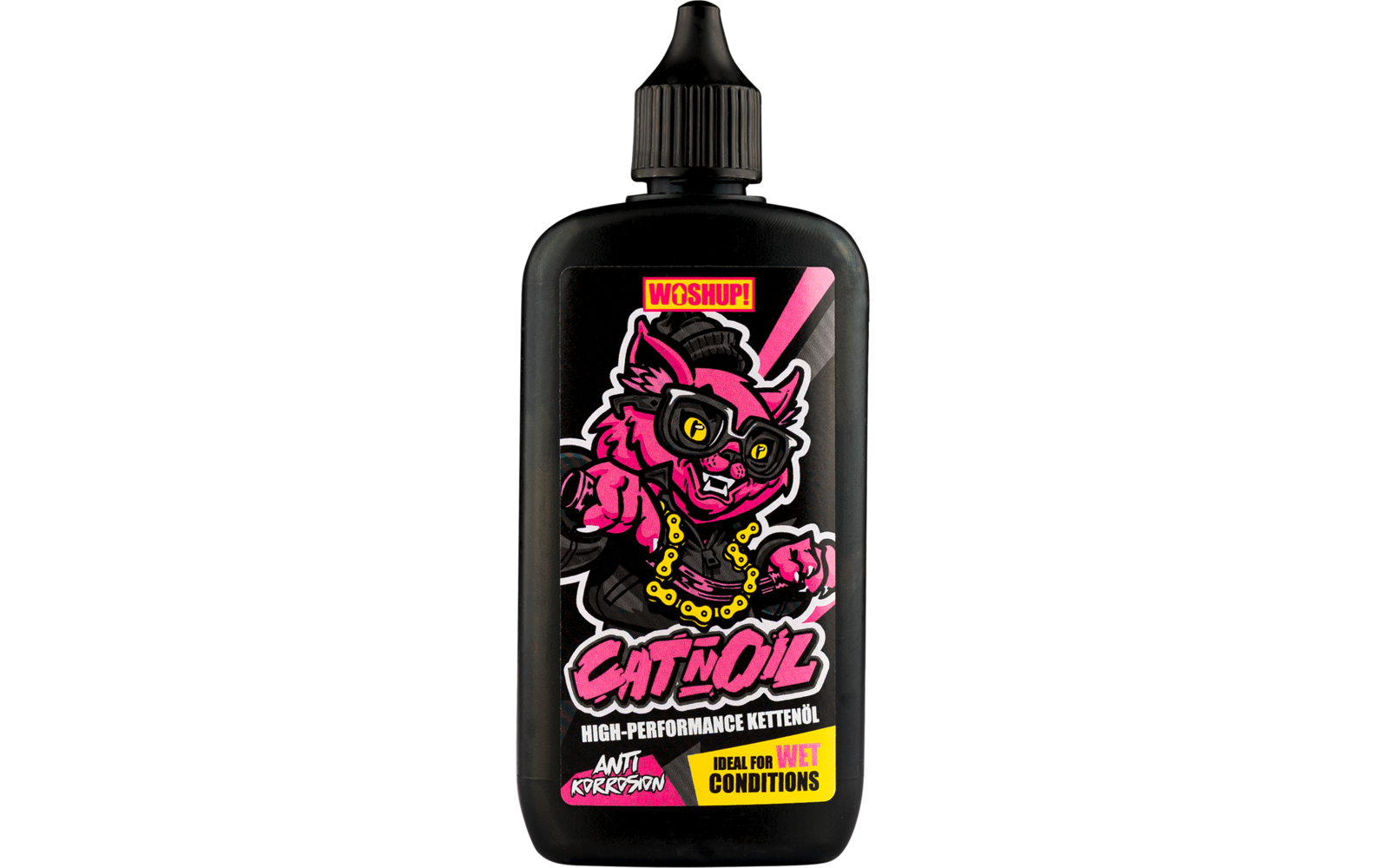 Schwarze Flasche mit einer pinkfarbenen Illustration einer Katze und der Aufschrift ‚Cat Oil‘