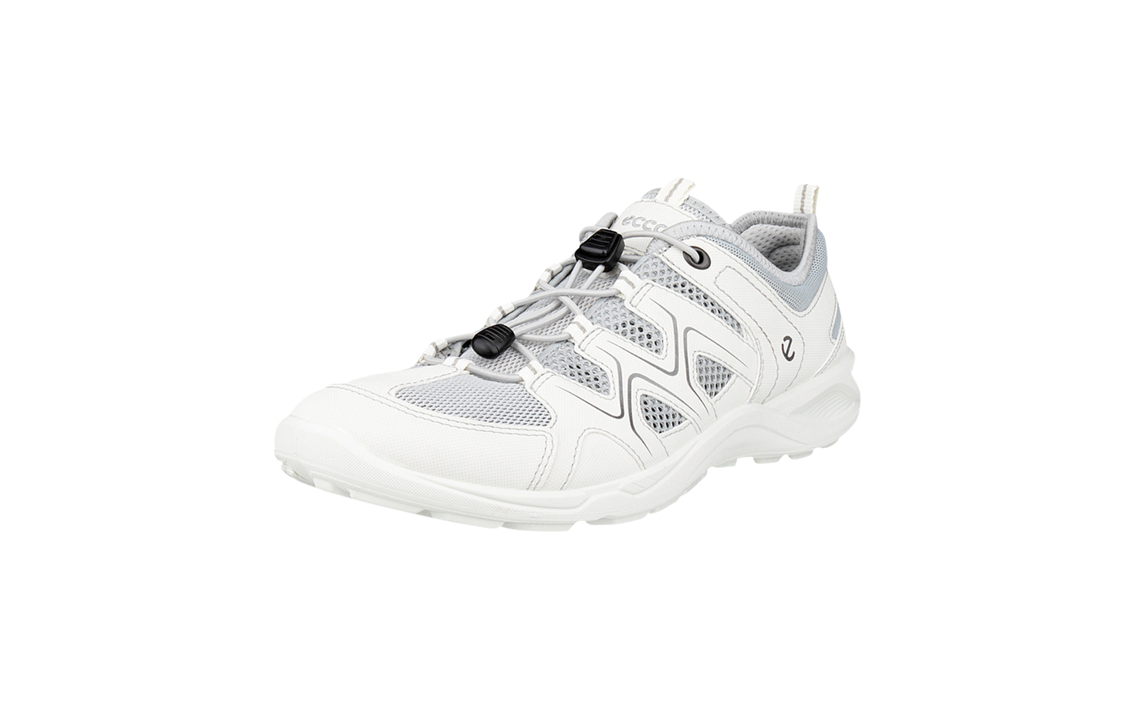 Zapatilla deportiva ligera blanca con paneles de malla gris, cordones elásticos de ajuste rápido y suela blanca texturizada