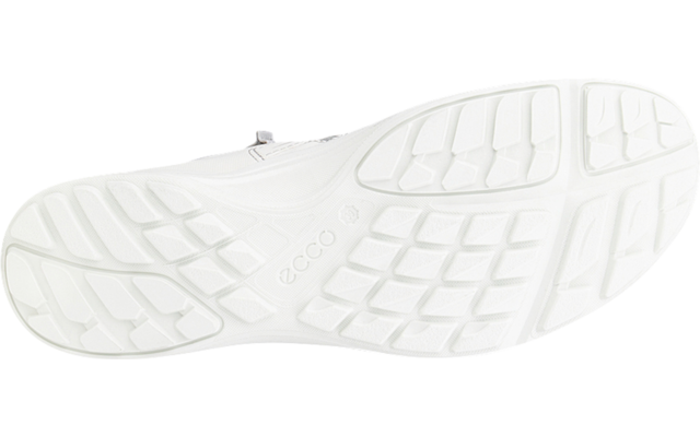 Suela de zapato blanca con dibujo de la suela y logotipo "ecco" en relieve