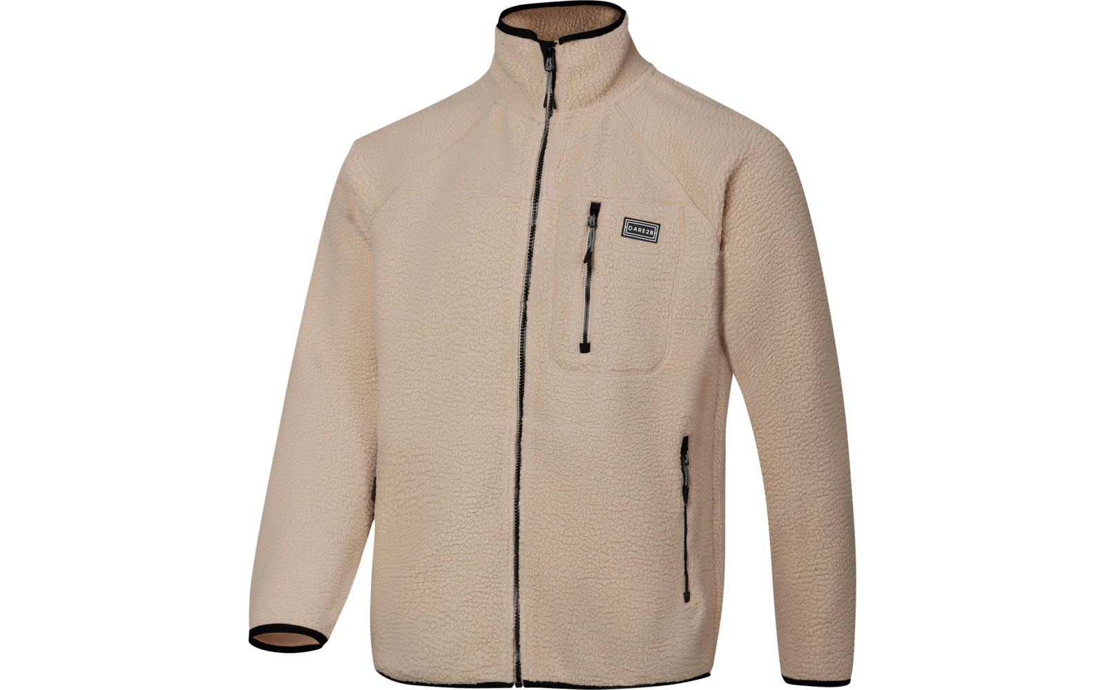 Beige Fleecejacke mit durchgehendem Reißverschluss, Stehkragen, aufgesetzter Brusttasche mit senkrechtem Reißverschluss, zwei seitlichen Reißverschlusstaschen, schwarzer Paspel an Reißverschlüssen, Kragen, Ärmelsäumen und Saum, kleines Markenetikett 
