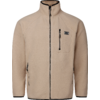Beige Fleecejacke mit durchgehendem Reißverschluss, Stehkragen, Brusttasche mit vertikalem Reißverschluss und Logo-Patch, zwei seitliche Reißverschlusstaschen, schwarze Kanten an Reißverschluss, Kragen, Bündchen und Saum