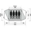 Skizze eines Zeltinnenraums mit vier stehenden menschlichen Silhouetten nebeneinander. Beschriftungen: oben 'Inner 240', links 'Inner 225', rechts '160' und '245', unten Segmente '90 255 90' und Gesamt '435'