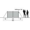 Skizze eines Vorzelts mit zwei vorderen Paneelen, Abspannleinen, Maßangaben (90, 255, 90, Gesamt 435; 140/Inner 130) und zwei Personen-Silhouetten, eine trägt ein Kind