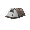 Braun-beiges Tunnelzelt mit drei gebogenen Gestängebögen, Eingangsöffnung mit halbrundem Fenster, Abspannleinen und Outwell-Logo