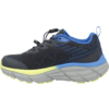 Single black sports shoe with blue details, yellow-green midsole edge and thick gray outsole, side view