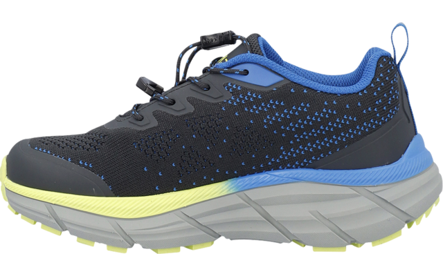 Single black sports shoe with blue details, yellow-green midsole edge and thick gray outsole, side view