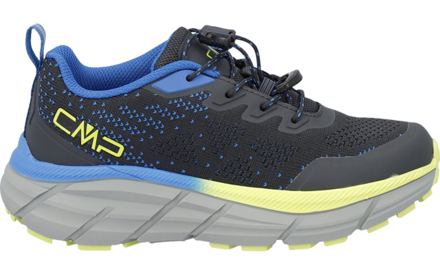 Gray shoe with mesh upper, blue lining, yellow 'CMP' logo, elastic lacing with toggle, and two-tone sole
