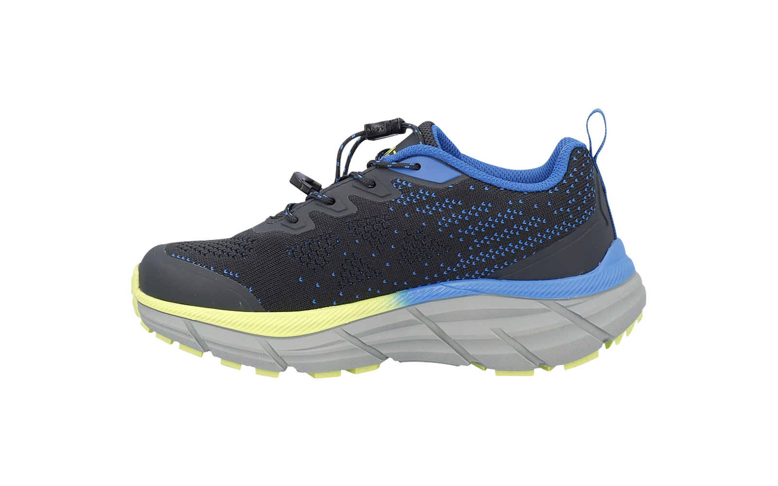 Single black sports shoe with blue details, yellow-green midsole edge and thick gray outsole, side view