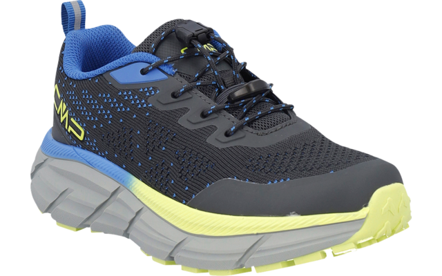Grey sports shoe with blue lining, black laces, neon yellow sole, and yellow 'CMP' logo on the heel