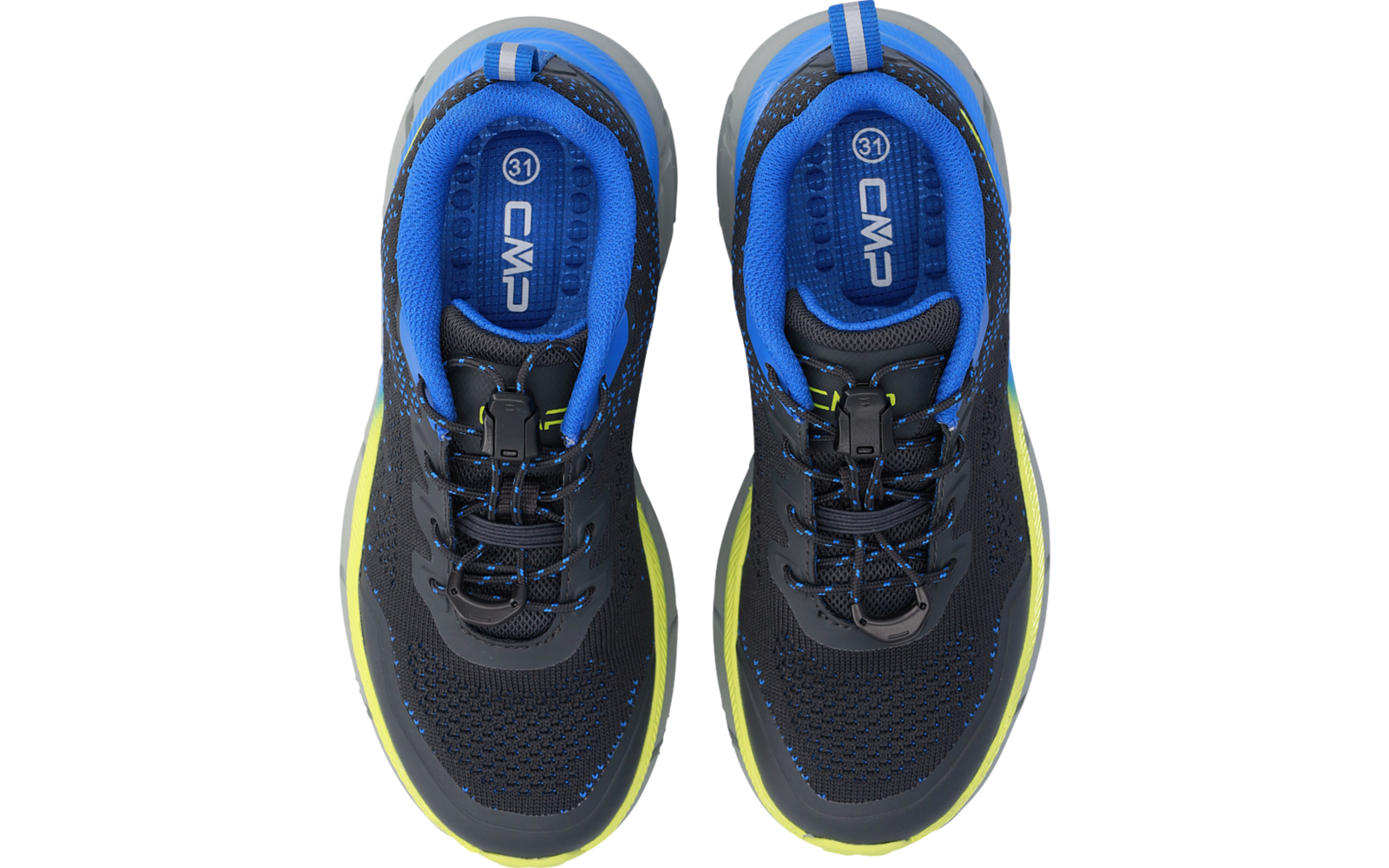 Pair of shoes seen from above, dark gray/black mesh upper, blue lining and insoles showing 'CMP' and '31', black laces, neon green sole edge