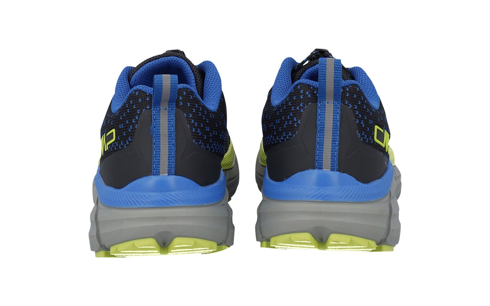 Two athletic shoes seen from the rear, blue-black uppers, gray midsoles, light-green outsole accents