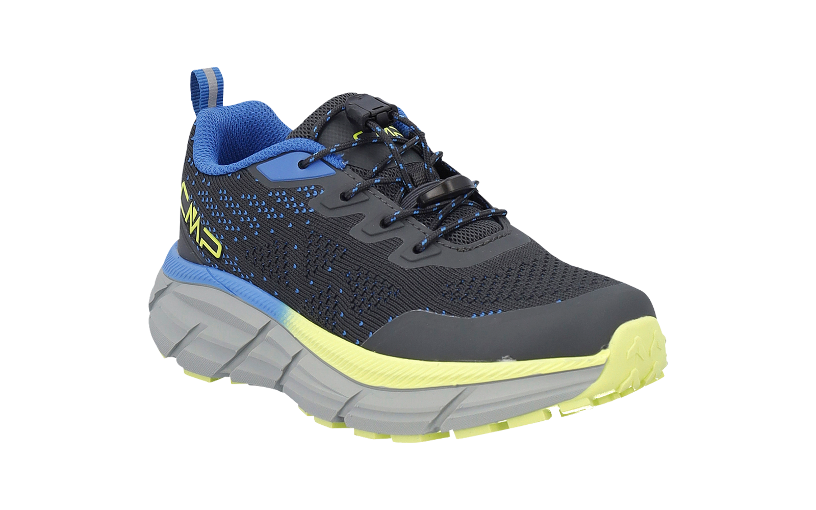 Grey sports shoe with blue lining, black laces, neon yellow sole, and yellow 'CMP' logo on the heel