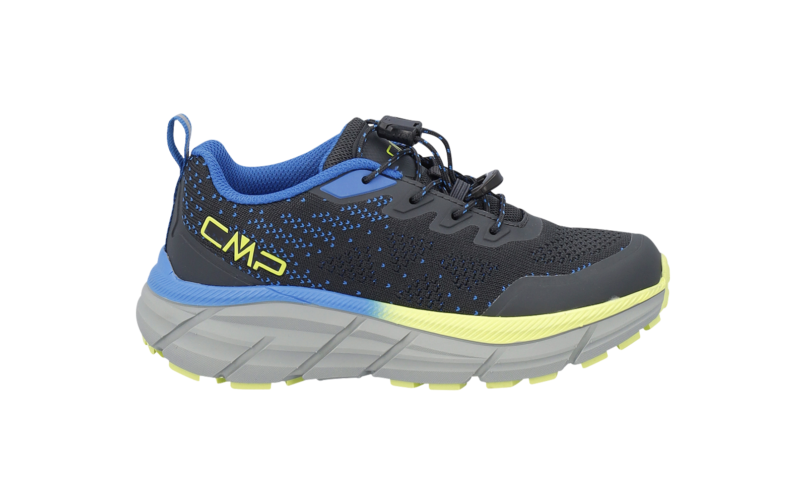 Gray shoe with mesh upper, blue lining, yellow 'CMP' logo, elastic lacing with toggle, and two-tone sole