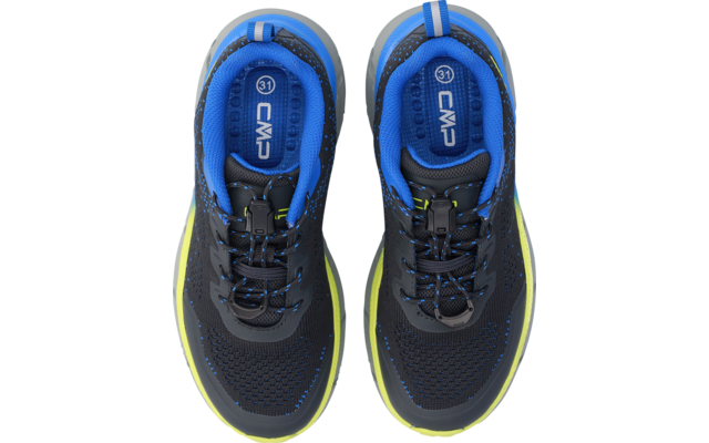 Pair of shoes seen from above, dark gray/black mesh upper, blue lining and insoles showing 'CMP' and '31', black laces, neon green sole edge