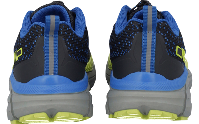 Two athletic shoes seen from the rear, blue-black uppers, gray midsoles, light-green outsole accents