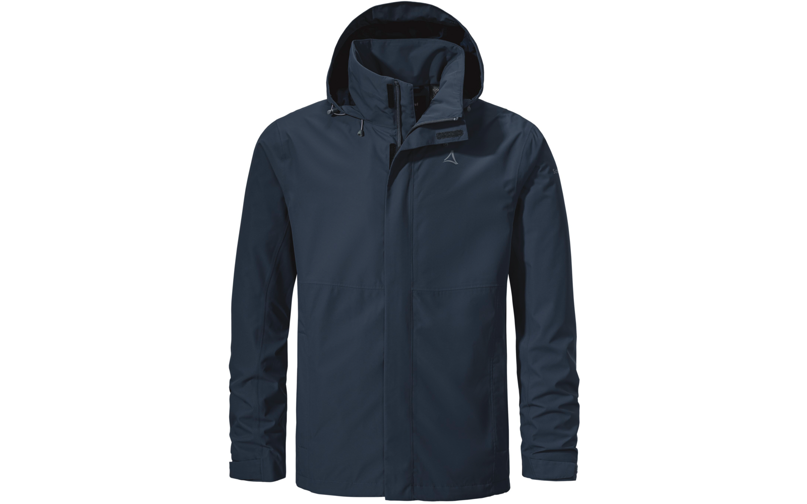 Veste bleu foncé avec capuche, vue de face, fermeture éclair centrale, manches longues, deux poches avant, petit logo triangulaire sur la poitrine gauche