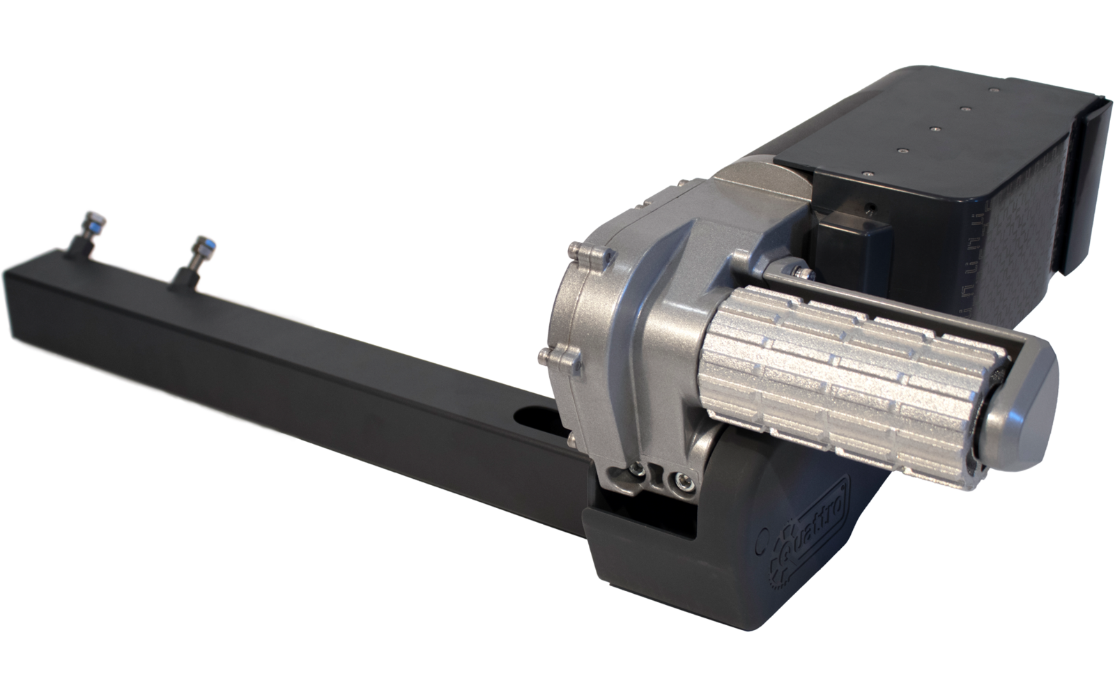 Schwarzer rechteckiger Metallarm links; rechts ein graues Gehäuse mit silberner, geriffelter zylindrischer Welle und schwarzem rechteckigem Kasten