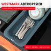 Insert en plastique gris perforé avec gouttes d'eau dans un tiroir, contenant plusieurs fourchettes et couteaux, tasse blanche retournée en haut à droite, tissu gris à gauche ; inscription rouge 'WESTMARK ABTROPFSIEB' et bannières rouges avec dimensions