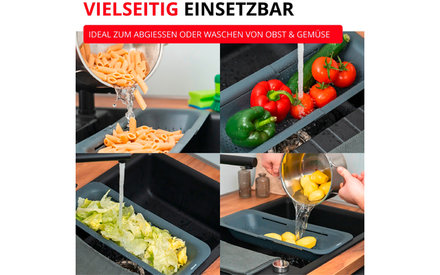 Collage en quatre images d’un bac rectangulaire gris dans un évier : en haut à gauche des pâtes sont versées d’une casserole dans le bac, en haut à droite des tomates et un poivron vert sous l’eau courante, en bas à gauche des feuilles de salade dans le bac sous l’eau, en bas à droite des mains versent des pommes de terre d’une casserole dans le bac ; salière et poivrière sur le plan de travail