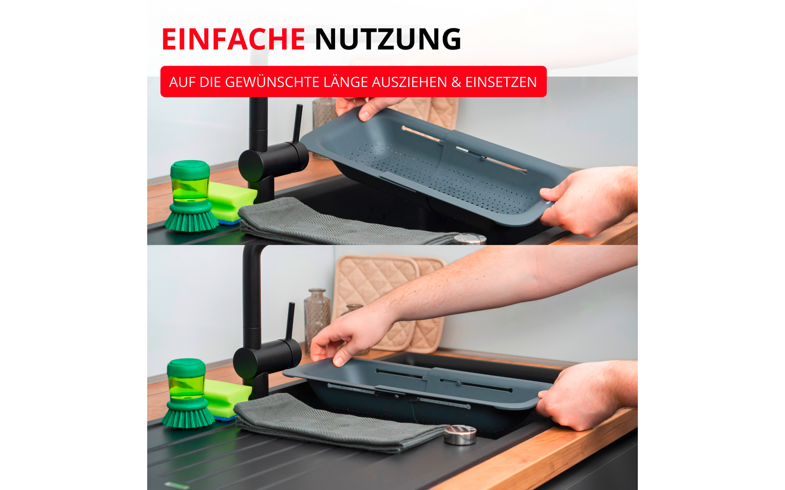 Deux gros plans : mains plaçant un plateau gris perforé extensible sur un robinet de cuisine noir au‑dessus de l'évier ; brosse verte et chiffon gris à côté