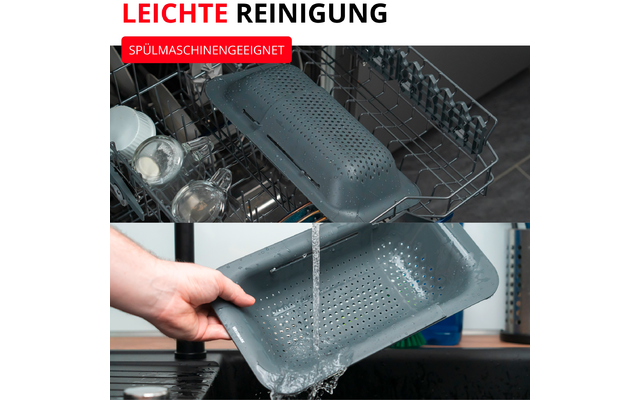 Passoire en plastique gris perforée dans le panier supérieur d'un lave-vaisselle ouvert ; en dessous, la même passoire tenue par une main sous l'eau courante au-dessus d'un évier