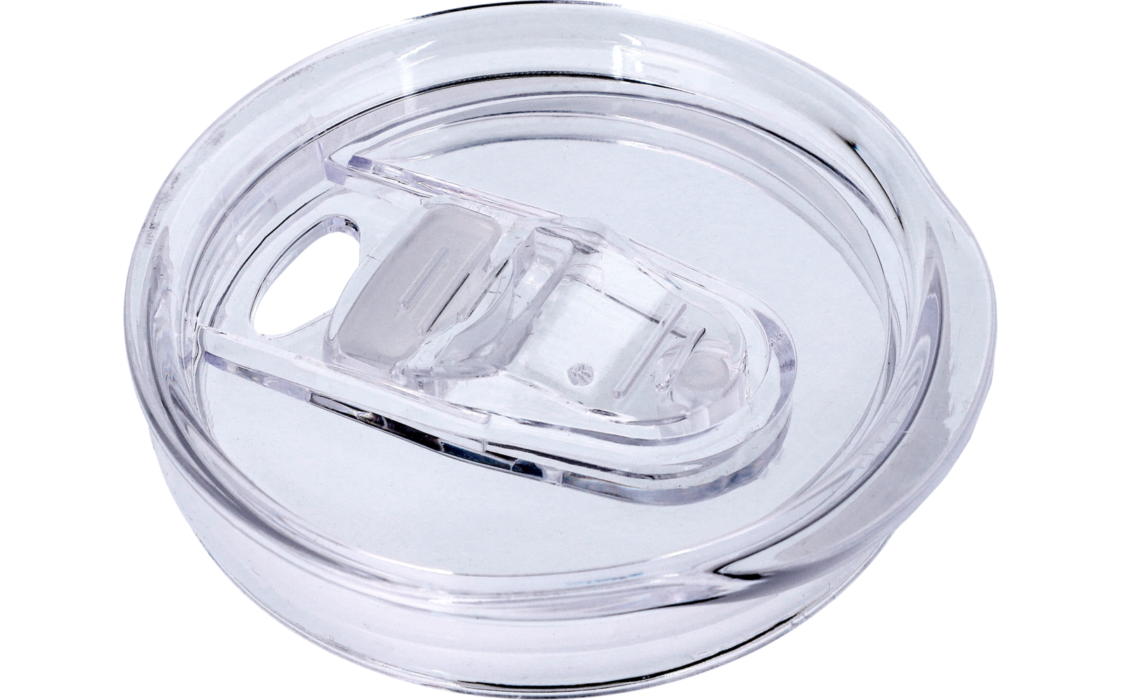 Transparent round plastic lid with sliding closure