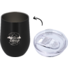 Black cup with white 'Camp Life' print and mountain, house and tree graphic, beside it a transparent plastic lid with sliding opening