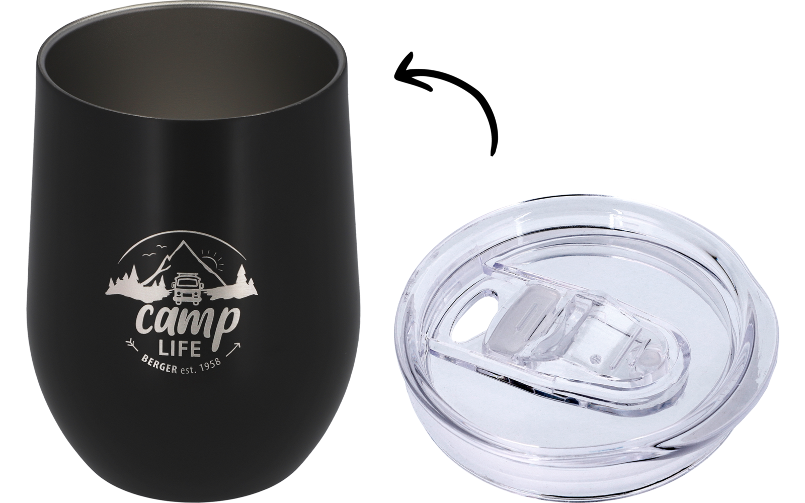 Black cup with white 'Camp Life' print and mountain, house and tree graphic, beside it a transparent plastic lid with sliding opening