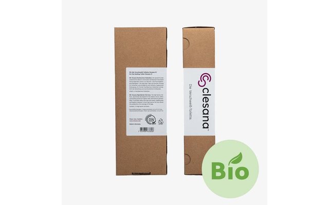 Deux boîtes en carton brun verticales côte à côte sur fond blanc ; l'une montre l'étiquette arrière avec du texte et un symbole de recyclage, l'autre une bande blanche verticale avec l'inscription "clesana" ; pastille ronde verte portant "BIO" et une feuille en bas à droite