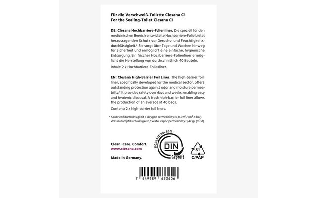 Face arrière blanche d'un emballage avec textes allemand et anglais, titre 'Für die Verschweiß‑Toilette Clesana C1 / For the Sealing‑Toilet Clesana C1', ligne de contenu 'Inhalt: 2 x Hochbarriere‑Folienliner / Content: 2 x high‑barrier foil liners', logos 'DIN geprüft' et 'CPAP', code‑barres, site 'www.clesana.com' et 'Made in Germany'