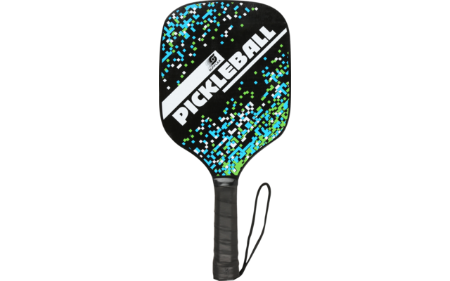Schwarzer Pickleball-Schläger mit blauen und grünen Punkten
