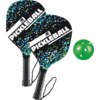 Zwei Pickleball-Schläger mit schwarzem Griff und blau-grünem Design sowie ein grüner Ball mit Löchern