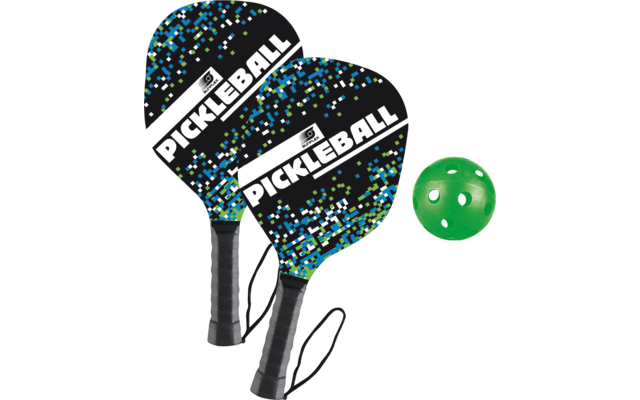 Zwei Pickleball-Schläger mit schwarzem Griff und blau-grünem Design sowie ein grüner Ball mit Löchern